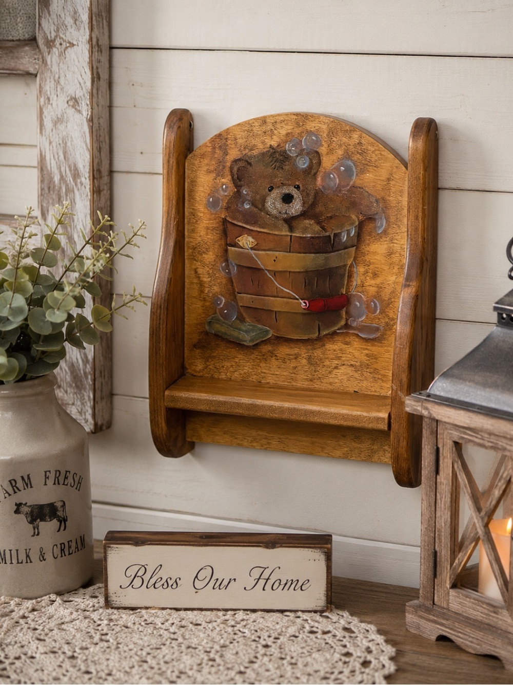 Vintage 2000 Rustic Cottagecore Hand Painted Wooden Teddy Bear Wall Shelf Decor